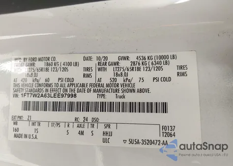 2020 Ford F-250 Xl z USA, uszkodzony, nr VIN 1FT7W2A63LEE97998